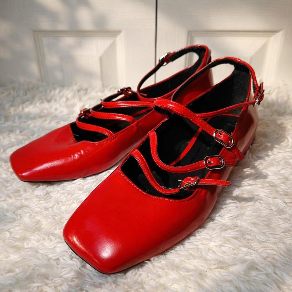 Stradivarius Red Patent Buckle Ballet Flats Square Toe Y2K Shoes